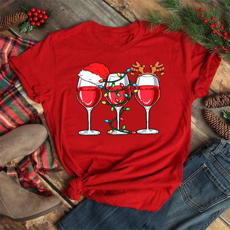 Christmas Wine Glasses Men And Women Couple Red T-shirt