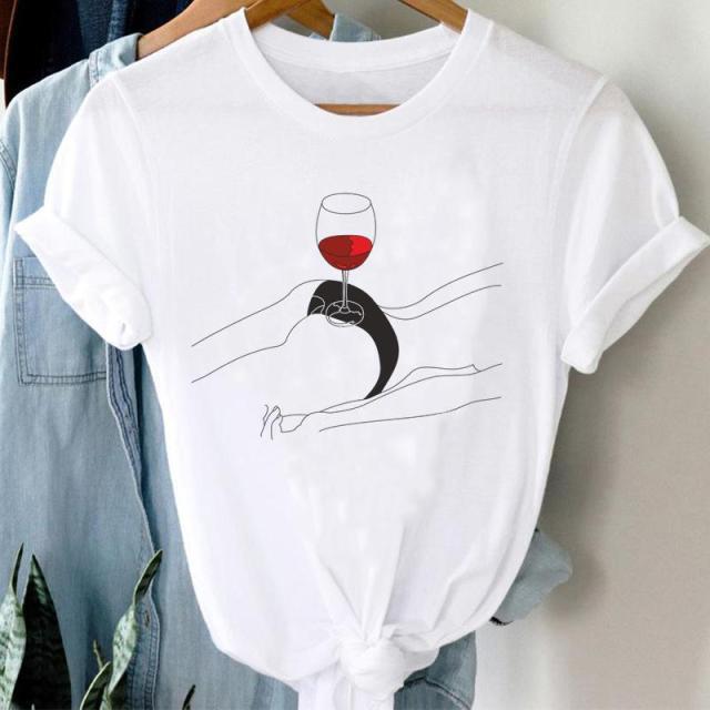 Wine Glass Red Wine And Women's Pattern New Print Short Sleeve Loose Round Neck T-shirt Women's