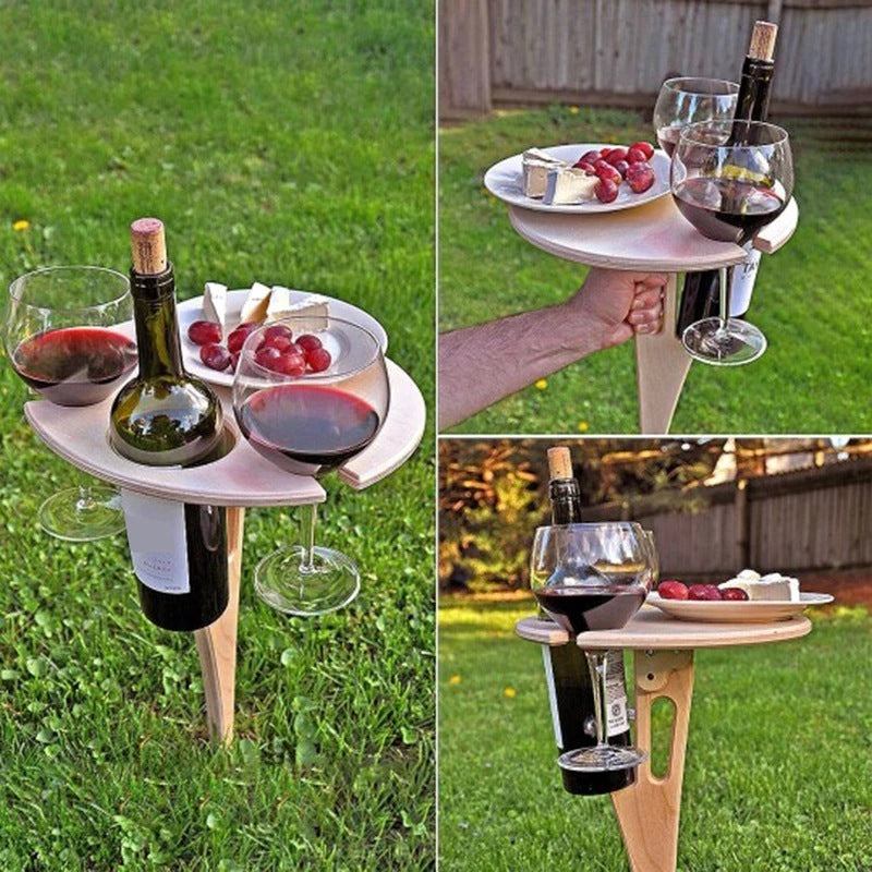 Portable Wine Table With Folding Round Table, Mini Wooden Picnic Table, Easy To Carry, Removable Beer Table