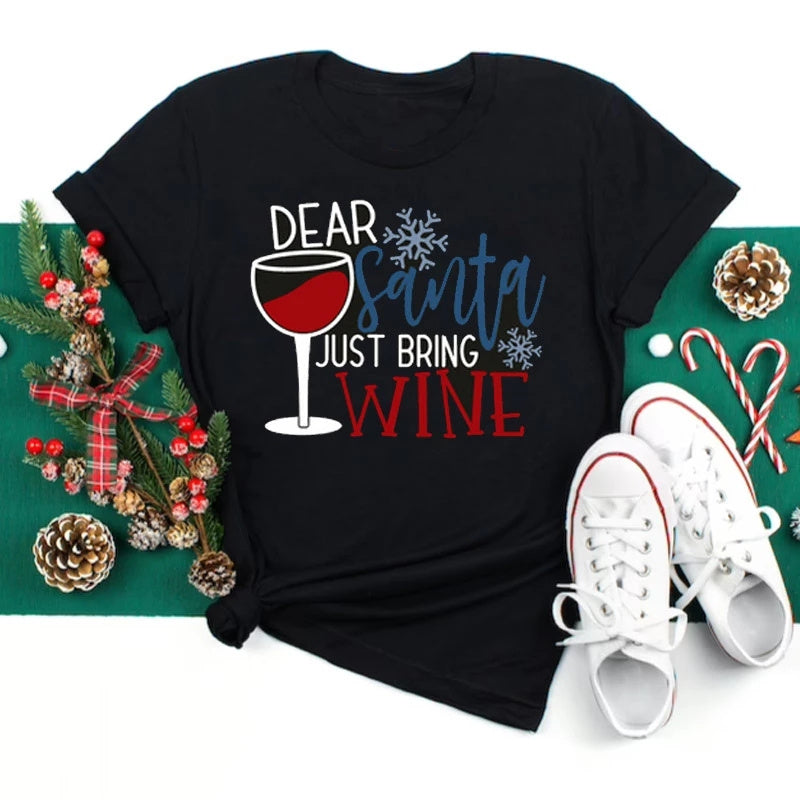 Christmas Wine Glasses Men And Women Couple Red T-shirt