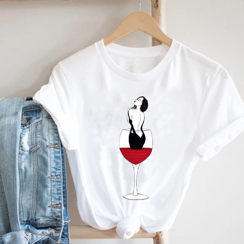 Wine Glass Red Wine And Women's Pattern New Print Short Sleeve Loose Round Neck T-shirt Women's