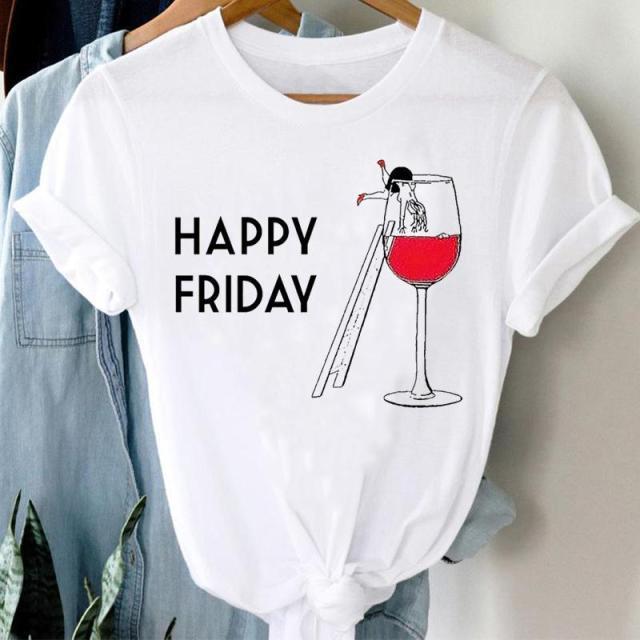 Wine Glass Red Wine And Women's Pattern New Print Short Sleeve Loose Round Neck T-shirt Women's