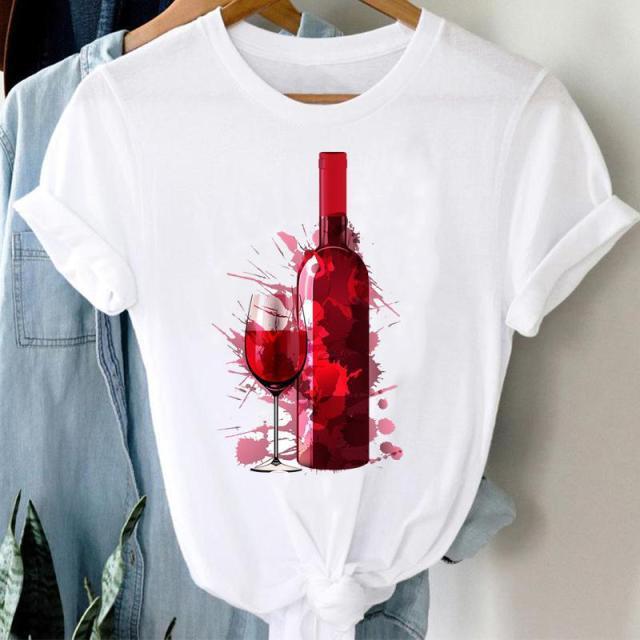 Wine Glass Red Wine And Women's Pattern New Print Short Sleeve Loose Round Neck T-shirt Women's