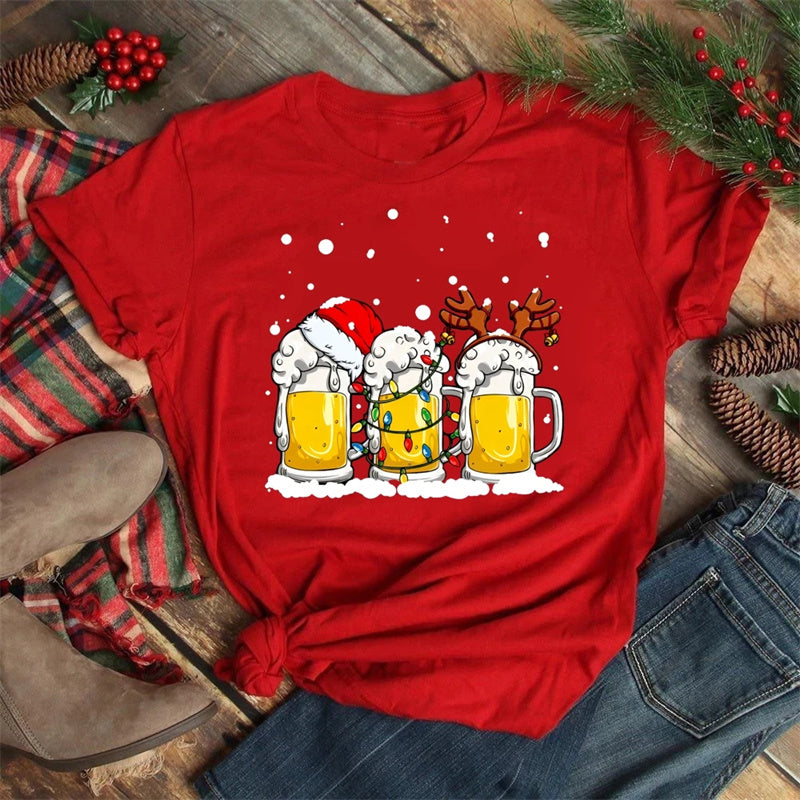 Christmas Wine Glasses Men And Women Couple Red T-shirt