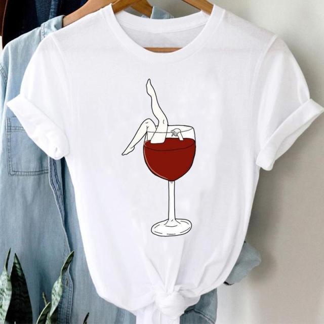 Wine Glass Red Wine And Women's Pattern New Print Short Sleeve Loose Round Neck T-shirt Women's